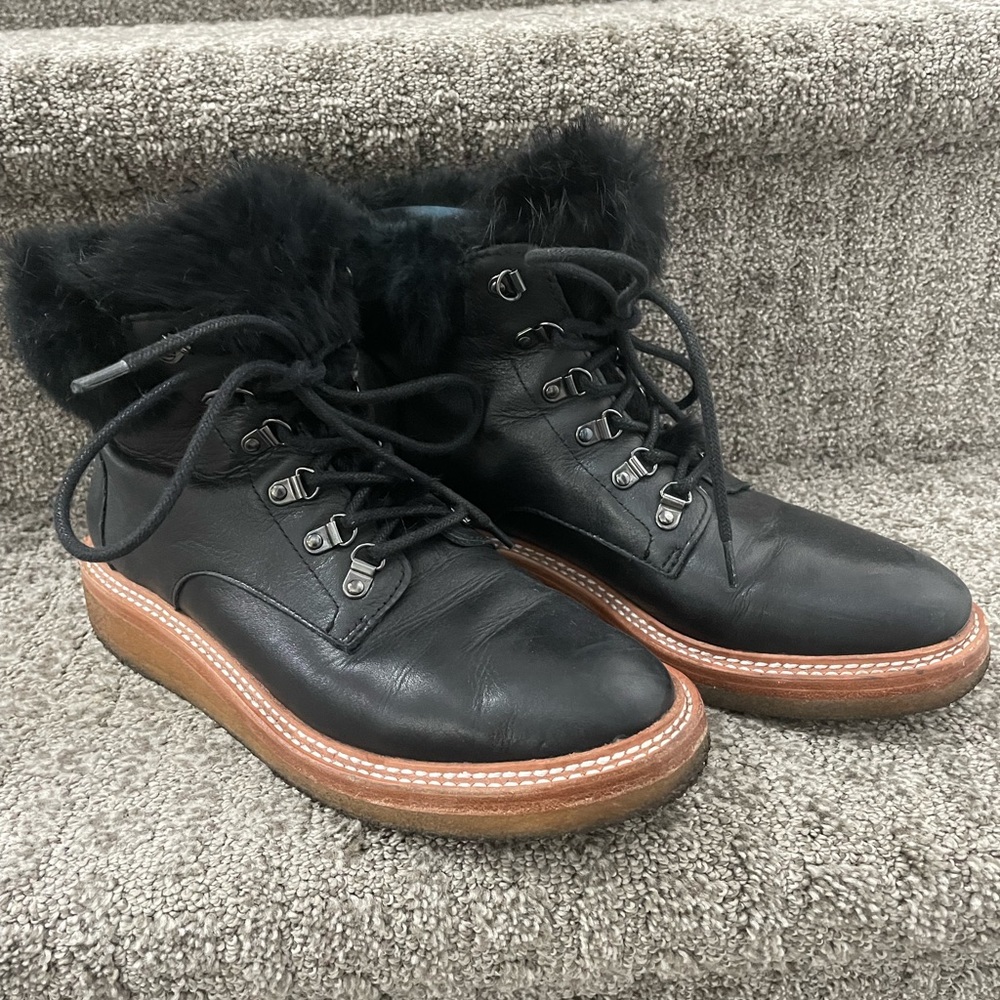 Leather and fur lace up booties